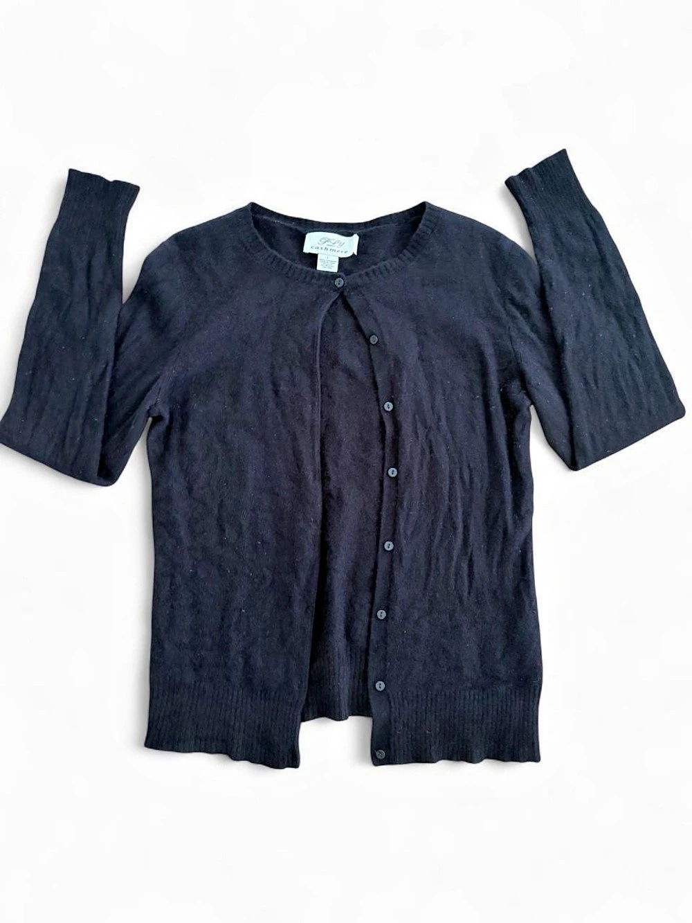 PLY Cashmere Black 100% Cashmere Button-Front Crewneck Cardigan Sweater - Size L